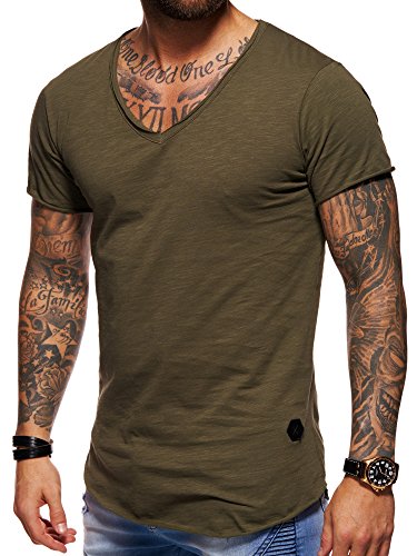 behype. Herren Oversize Kurzarm Basic T-Shirt V-Neck 20-1720 Khaki L von behype.