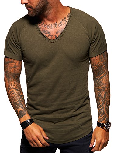 behype. Herren Oversize Kurzarm Basic T-Shirt V-Neck 20-1761 Khaki S von behype.
