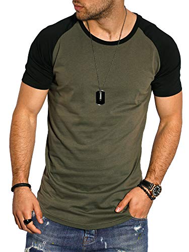 behype. Herren Oversize Kurzarm T-Shirt O-Neck Rundhals Ausschnitt 20-1704 Khaki-Schwarz M von behype.