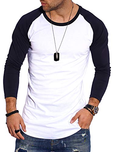 behype. Herren Oversize Longsleeve Langarm T-Shirt O-Neck Rundhals Ausschnitt 30-3752 Weiß-Navy 3XL von behype.