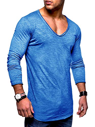 behype. Herren Oversize Longsleeve Langarm T-Shirt V-Neck Ausschnitt 30-0014 Blau XL von behype.