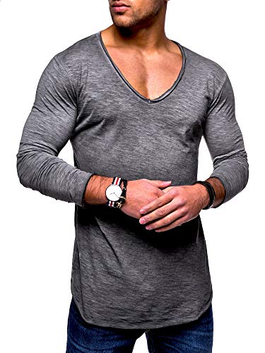 behype. Herren Oversize Longsleeve Langarm T-Shirt V-Neck Ausschnitt 30-0014 Dunkelgrau L von behype.