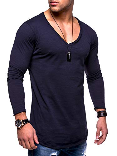 behype. Herren Oversize Longsleeve Langarm T-Shirt V-Neck Ausschnitt 30-0014 Navy L von behype.