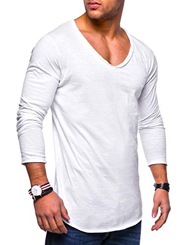 behype. Herren Oversize Longsleeve Langarm T-Shirt V-Neck Ausschnitt 30-0014 Weiß M von behype.