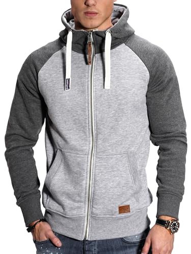 behype. Herren Raglan Sweat-Jacke Sweatshirt weicher Hoodie mit Kapuze & hohem Kragen Kapuzenpullover BH_7673D-Hellgrau-L von behype.