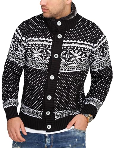 behype. Herren Strickjacke im Norweger-Look Strick-Pullover Cardigan Übergangs-Jacke CR_7798-Schwarz-L von behype.