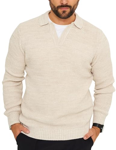 behype. Herren Strickpullover mit Polo-Kragen V-Neck Knitwear Grobstrick-Pullover Sweatshirt Pulli CR_7873-Beige-XXL von behype.