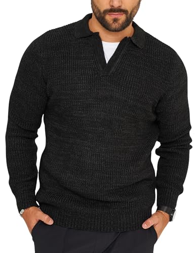 behype. Herren Strickpullover mit Polo-Kragen V-Neck Knitwear Grobstrick-Pullover Sweatshirt Pulli CR_7873-Black-XL von behype.