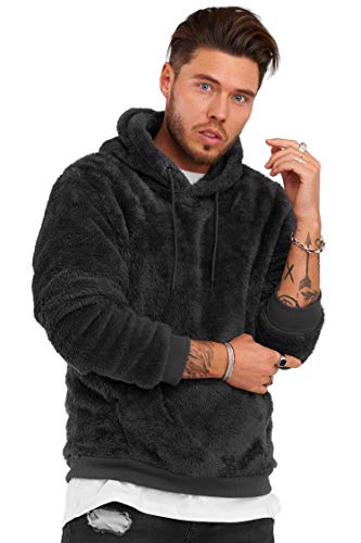 behype. Herren Teddy-Fell Kapuzen-Pullover Sweatshirt weicher Hoodie mit Kapuze Fleece-Jacke 40-4705 Schwarz L von behype.