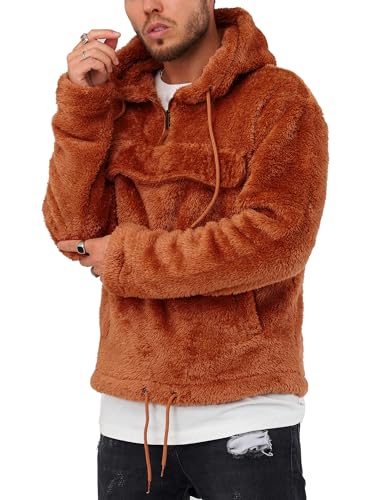 behype. Herren Teddy-Fell Kapuzen-Pullover Sweatshirt weicher Hoodie mit Kapuze Fleece-Jacke 40-4735 Braun M von behype.