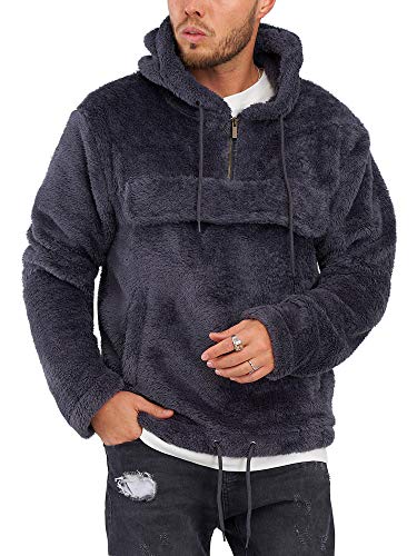 behype. Herren Teddy-Fell Kapuzen-Pullover Sweatshirt weicher Hoodie mit Kapuze Fleece-Jacke 40-4735 Dunkelgrau M von behype.