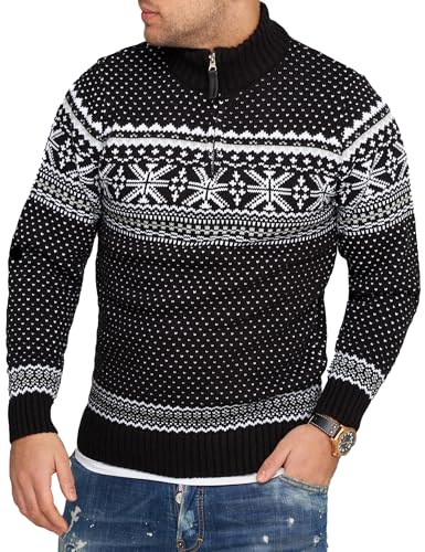 behype. Herren Troyer Winter Strickpullover im Norweger-Look mit Stehkragen CR_7799-Schwarz-S von behype.