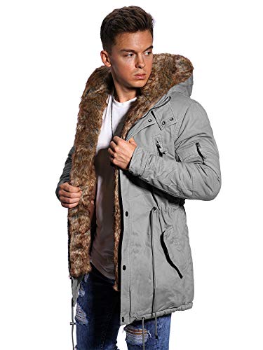 behype. Herren Winter-Parka Winter-Jacke mit Kunstfell & Kapuze 55-2705 (M, Hellgrau) von behype.