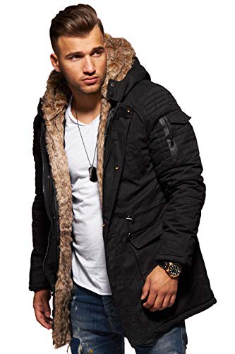 behype. Herren Winter-Parka Winter-Jacke mit Kunstfell & Kapuze Biker 55-1790 (S, Schwarz) von behype.