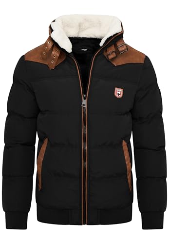 behype. Herren Winterjacke mit abnehmbarem Kunstfell in Schaf-Optik Kurze Steppjacke warme Outdoorjacke Jacket Puffer-Jacke Piloten-Stil OR_1215-Black-S von behype.