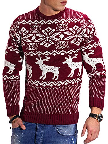 behype. Herren X-Mas Strick-Pullover Weihnachten Norweger Pulli mit Rentieren Sweatshirt 40-0184 Weinrot XXL von behype.