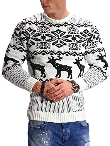 behype. Herren X-Mas Strick-Pullover Weihnachten Norweger Pulli mit Rentieren Sweatshirt 40-0184 Weiß XL von behype.