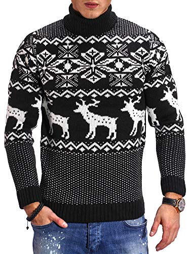 behype. Herren X-Mas Strick-Pullover mit Rollkragen Weihnachten Norweger Pulli mit Rentieren Rolli Sweatshirt 40-0194 Schwarz M von behype.