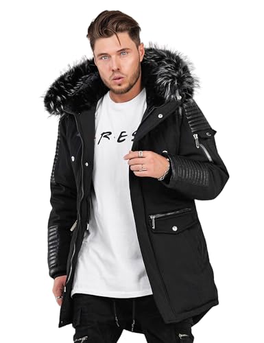 behype. Herren langer Parka warme Winterjacke mit Kapuze & Kunstfell Jacke Mantel SD_019-Schwarz-Black-M von behype.