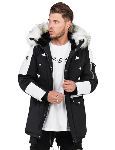 behype. Herren langer Parka warme Winterjacke mit Kapuze & Kunstfell Jacke Mantel SD_019-Weiß-Black-M von behype.