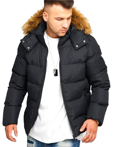 behype. Herren warme Jacke mit Kapuze Parka Winterjacke J12-Black-L von behype.