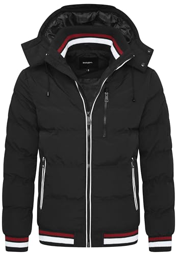 behype. Herren warme Winterjacke mit abnehmbarer Kapuze Kurze Steppjacke Outdoorjacke Jacket Puffer-Jacke OR_1214-Black-Red-S von behype.