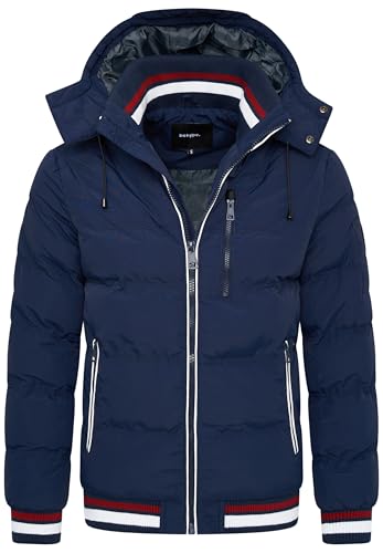behype. Herren warme Winterjacke mit abnehmbarer Kapuze Kurze Steppjacke Outdoorjacke Jacket Puffer-Jacke OR_1214-Navy-Red-XL von behype.