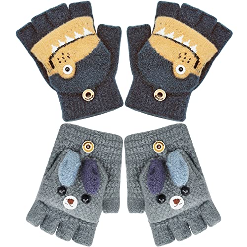 beifon 2 Paar Kinder Handschuhe Halbfinger Fingerlos Strickhandschuhe mit Klappe Winter Kinderhandschuhe Warme Winterhandschuhe Herbst Handschuhe mit Flip Top für Kinder Mädchen 3-8 Jahre (Grau) von beifon