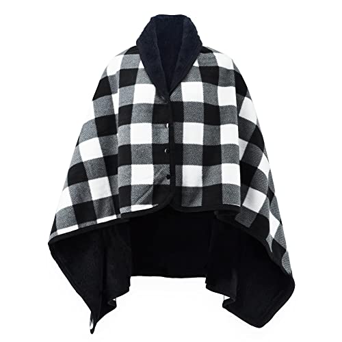 Beifon Winter Warm Damen Decke Flanell Fleece Poncho Cape - Weiche Dicke Wrap Open Front für Frauen Mädchen Kinder Büro Zuhause (Schwarz+Weiß) von beifon