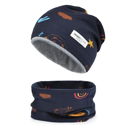 Kinder Beanie Mütze & Loop Schal Set, 95% Baumwolle Mütze Schal Set Mädchen Jungen 2-8 Jahren, Schlauchschal Warme Wintermütze Strickmützen für Herbst Winter Frühling von beifon