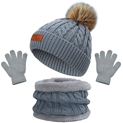 beifon Kinder Wintermütze Schal Handschuhe Mädchen Set Kindermütze Strickmütze Mütze Schal Set Mädchen Jungen Warme Winter Beanie Hut Handschuhe für Kinder 3-8 Jahre von beifon