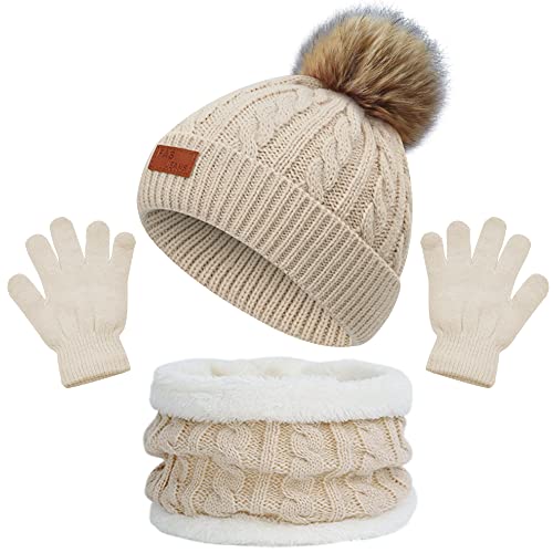 beifon Kinder Wintermütze Schal Handschuhe Mädchen Set Kindermütze Strickmütze Kinder Mütze Schal Set Mütze Jungen Warme Winter Beanie Hut Handschuhe runder Schal Set für Kinder 3-8 Jahre von beifon