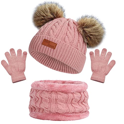 beifon Kinder Wintermütze Schal Handschuhe Mädchen Set Kindermütze Strickmütze Kinder Mütze Schal Set Mütze Jungen Warme Winter Beanie Hut Handschuhe runder Schal Set für Kinder 3-8 Jahre von beifon