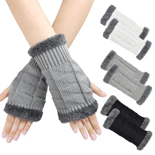 beifon 3 Parr Fingerlose Handschuhe Damen Winter Warme Armstulpen Winterhandschuhe Unisex Strickhandschuhe Ohne Finger mit Fleece Futter Halb Fingerhandschuh Pulswärmer Handstulpen für Radfahren von beifon