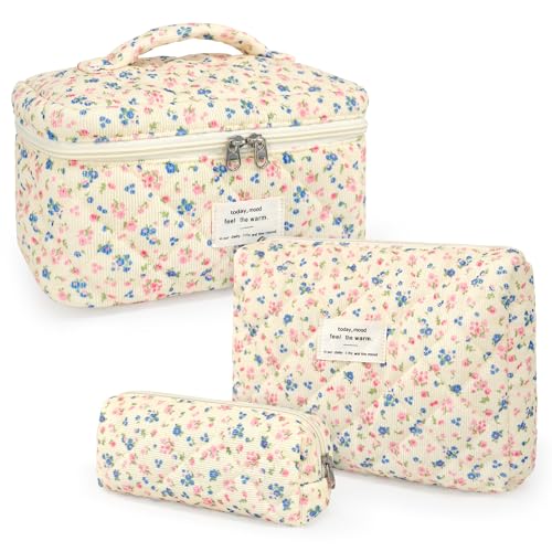 beifon 3er Set Kosmetiktasche Kulturtasche Damen mit Blumenmuster, Kulturbeutel Make Up Tasche, Tragbare Schminktasche Makeup Bag Waschtasche Groß Frauen Mädchen für Alltag und Reisen von beifon