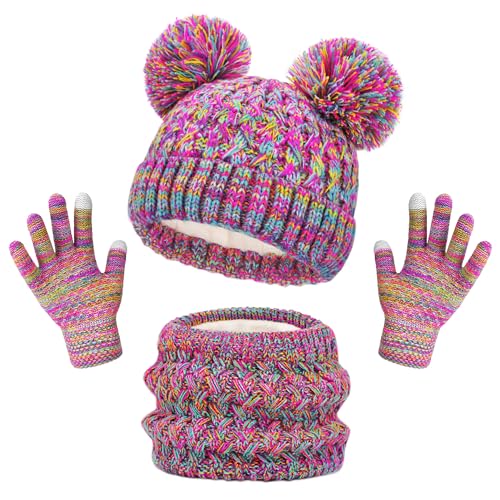 beifon Kinder Wintermütze Schal Touchscreen Handschuhe Set, Mütze Schal Mädchen Set Jungen Loop Schal Warme Winter Beanie Hut Schlauchschal Set mit Fleece Gefüttert für 1-6 Jahre von beifon