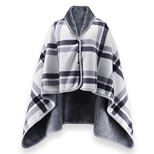 beifon Poncho Winter Warm Damen Decke Flanell Fleece Poncho Cape Weiche Dicke Winter Warm Wrap Poncho Open Front Cape Büro Zuhause für Frauen Mädchen Kinder (Grau+Weiß) von beifon