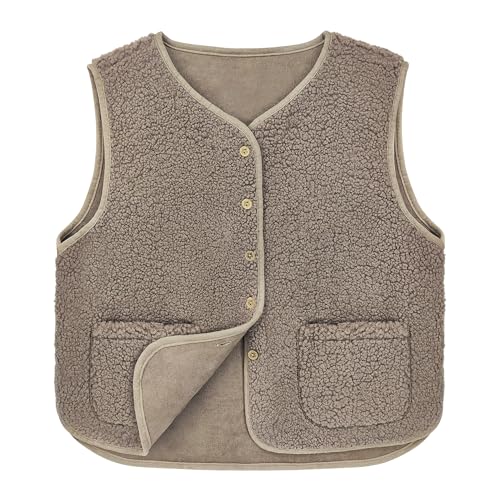 beifon Teddy Fleece Weste Damen Herbst Winter Warm, Ärmellos Fellweste Damen Einfarbig V-Ausschnitt Knöpfen Fleeceweste aus Teddyfell, Fell Weste Kurz Plüschweste Teddyweste Outwear Thermoweste von beifon
