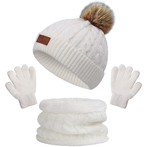 beifon Kinder Wintermütze Schal Handschuhe Mädchen Set Kindermütze Strickmütze Kinder Mütze Schal Set Mütze Jungen Warme Winter Beanie Hut Handschuhe runder Schal Set für Kinder 3-8 Jahre von beifon