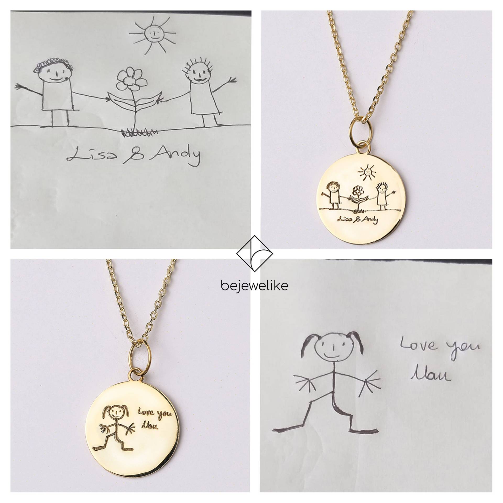 14K Gold Kinder Zeichnung Halskette, Personalisierte Kunstwerk, Kunst Foto Schmuck, Mama Geschenk, Stickman Charm von bejewelike