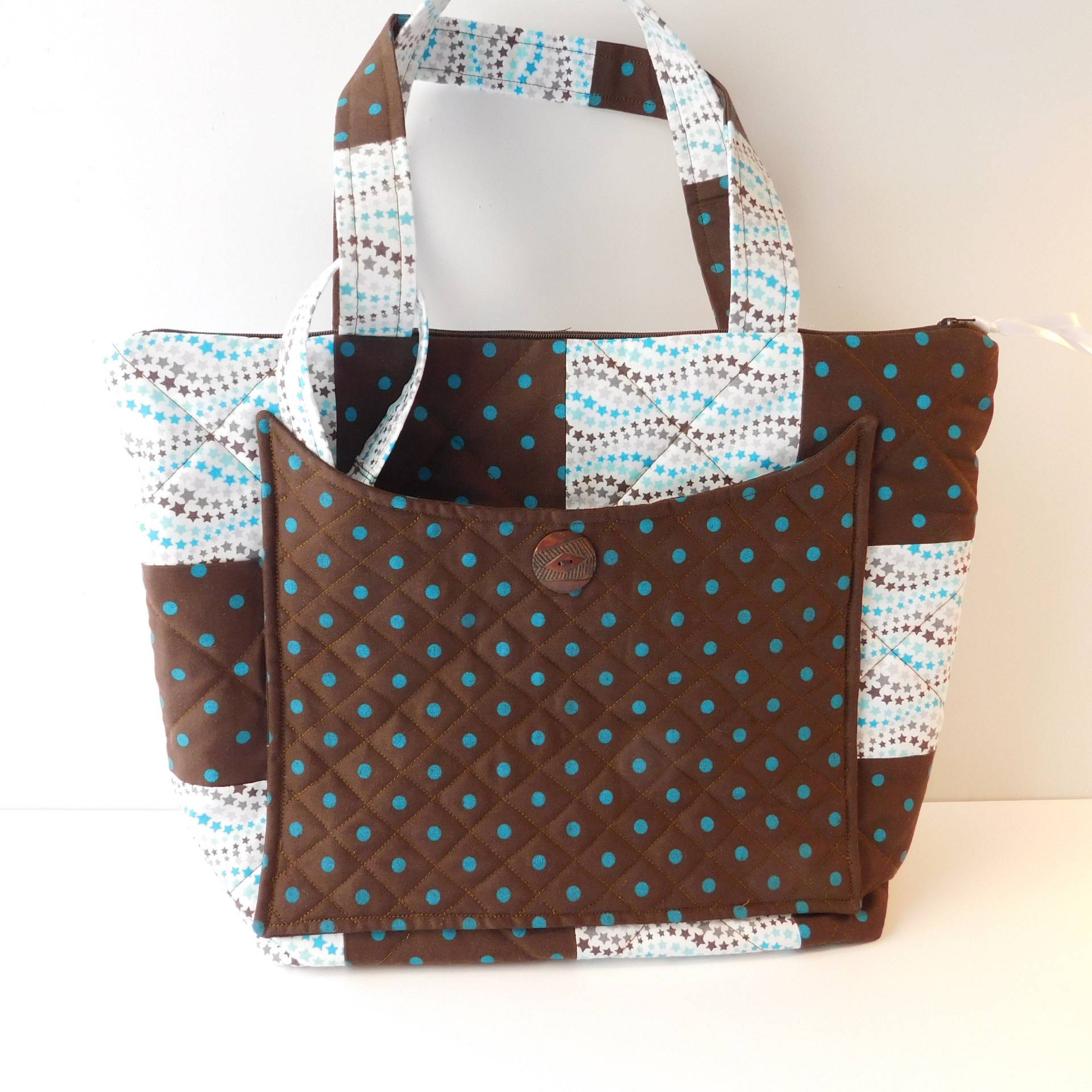 Große Gesteppte Boho Einkaufstasche Braune Tupfen & Türkis Stern Geldbörse von belairevillage