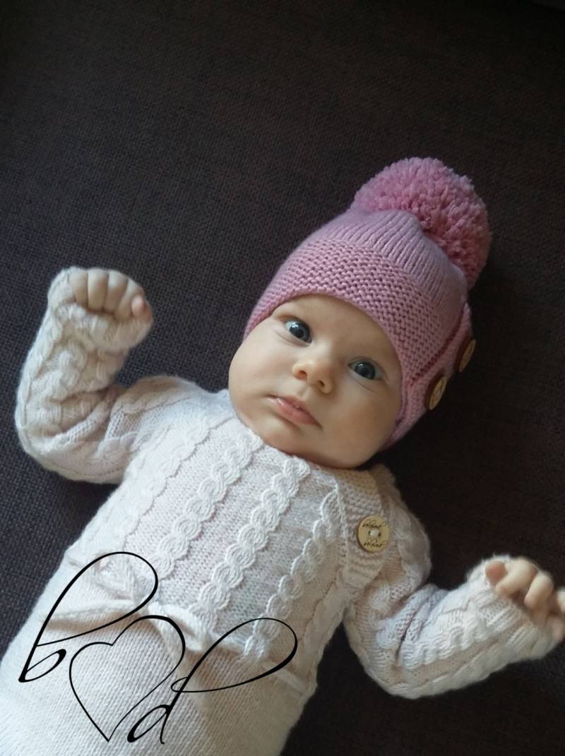 Handgestrickte Baby Mütze Aus Merino Wolle - Pink Bommel Wintermütze von belovedLT