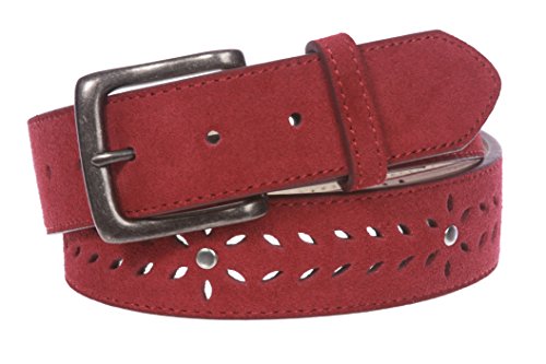 Damen Gürtel aus Wildleder, perforiert, Nieten, 38 mm - Rot - 97 cm von beltiscool