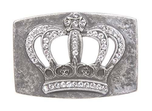 Gürtelschnalle mit Krone, rechteckig, antikes Silber, mit Strasssteinen, gehämmert von beltiscool