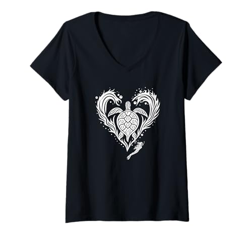 Damen Wasserschildkröte umrahmt von einem Herz, mit Taucherin T-Shirt mit V-Ausschnitt Damen Wasserschildkröte umrahmt von einem Herz, mit Taucherin T-Shirt mit V-Ausschnitt von beluga30