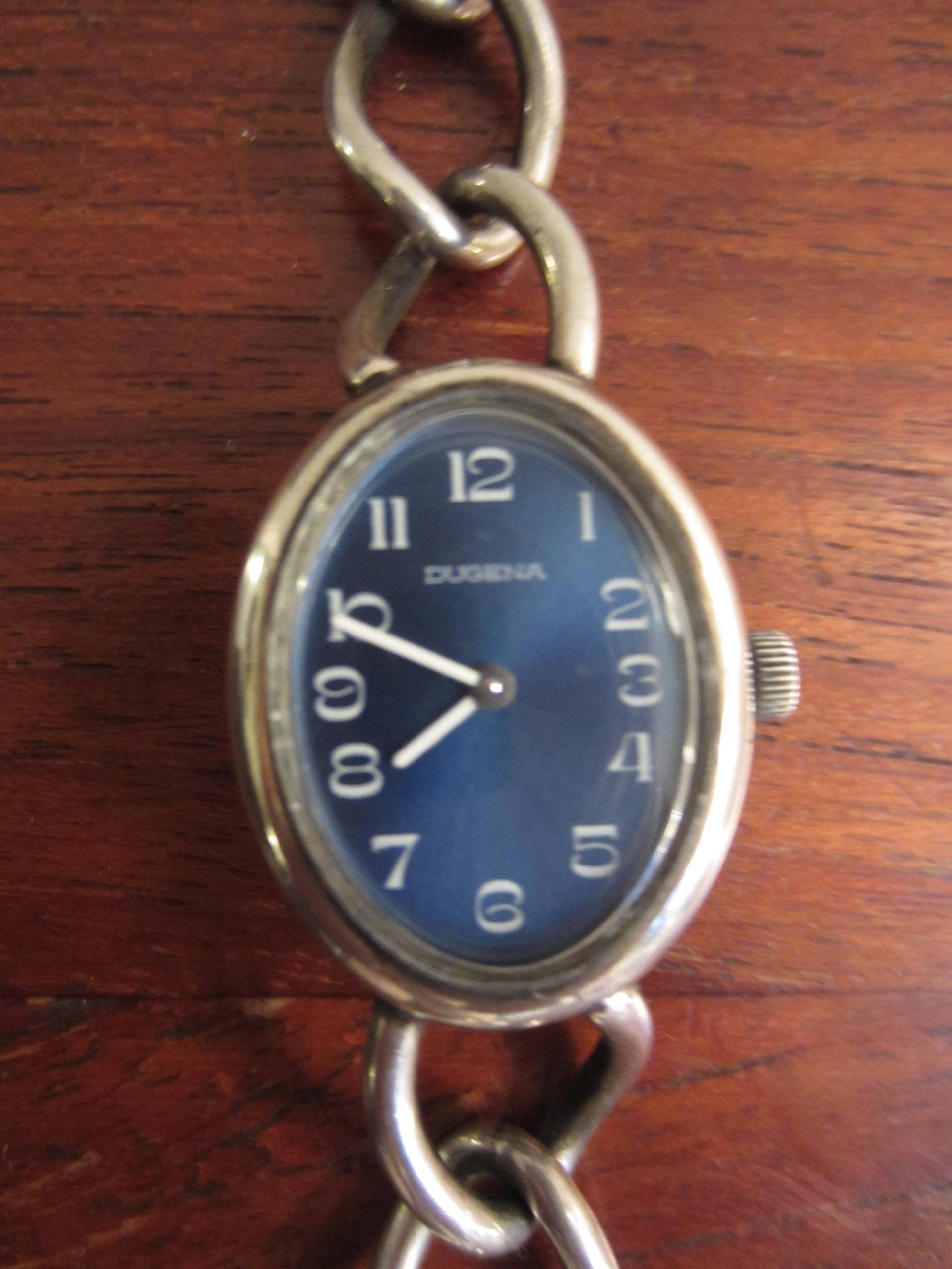 Hübsche 60Er Jahre Dugena Damen Armbanduhr 835Er Silber Blaues Zifferblatt von belvivere