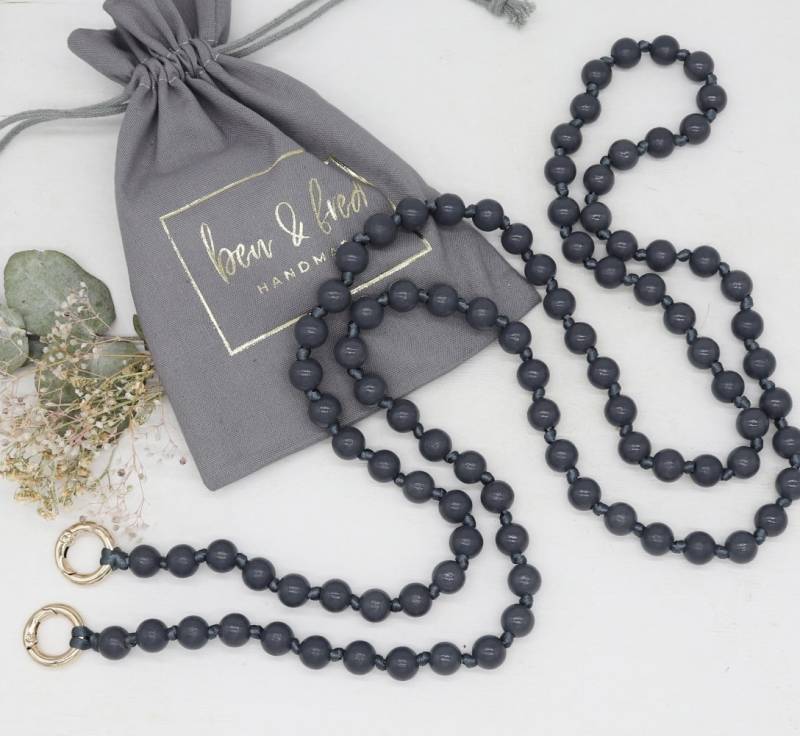 Lange Handykette, 10 Mm Graue Holzperlen, Geknotet , Vergoldete Oder Versilberte Karabiner, , Längenauswahl von benundfredh2