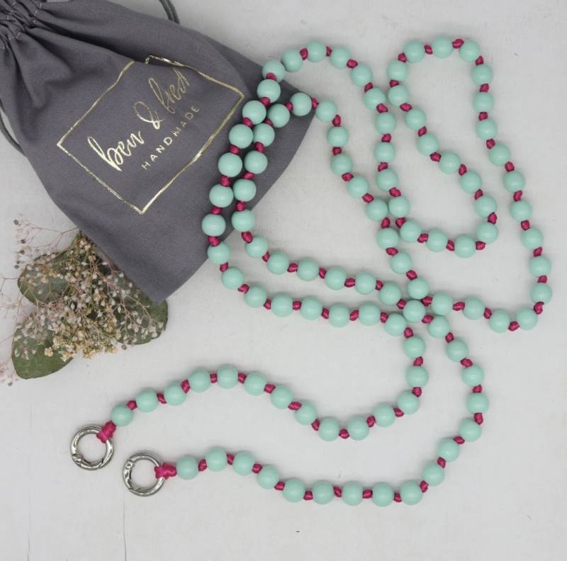 Lange Handykette, Mintfarbene Holzperlen, Geknotet , Versilberte Oder Vergoldete Karabiner, , Längenauswahl von benundfredh2