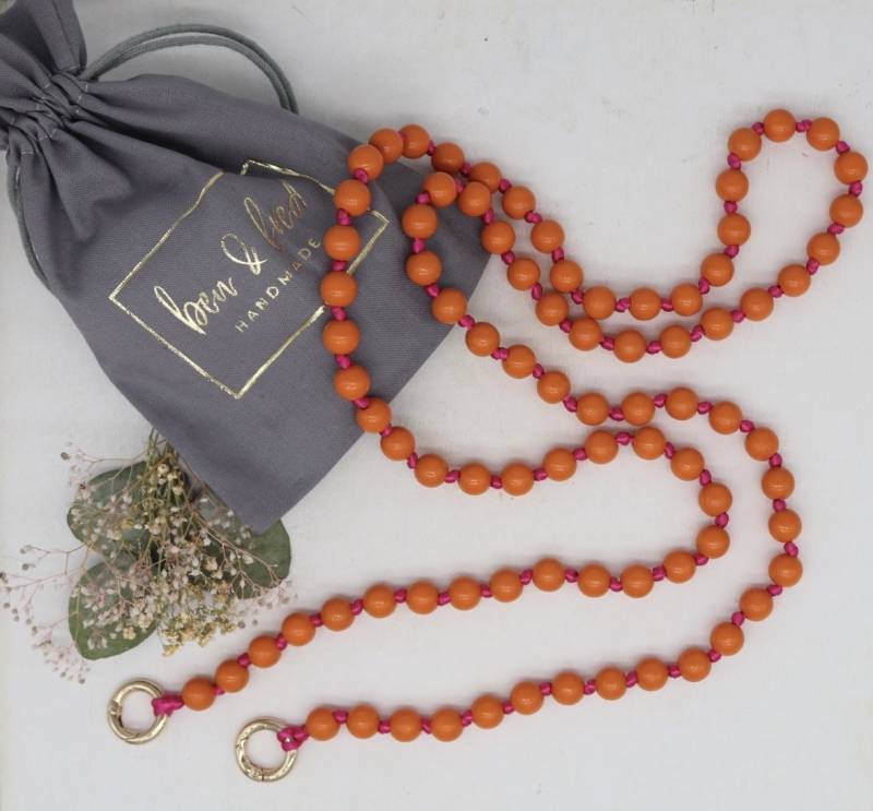 Lange Handykette, Orangene Holzperlen, Geknotet , Versilberte Oder Vergoldete Karabiner, , Längenauswahl von benundfredh2