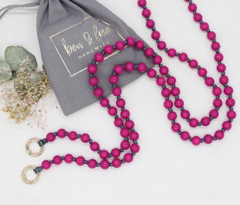 Lange Handykette ‚Grey Magenta', Holzperlen, Geknotet , Versilberte Oder Vergoldete Karabiner, , Längenauswahl von benundfredh2